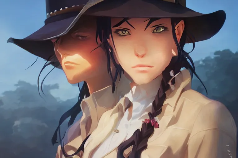 Image similar to western cowgirl, single centered subject, mid shot, ambient lighting, detailed face, by makoto shinkai, stanley artgerm lau, wlop, rossdraws