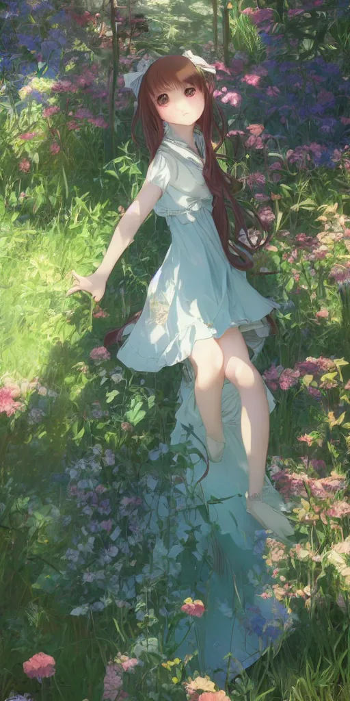 Prompt: a digital art full of atmosphere of a loli with long hair in a dress in the privet garden at after noon, green and warm theme, blue accents, back lighting, highly detailed, 4 k resolution, trending on art station, by krenz cushart and mucha and akihito yoshida and greg rutkowski and makoto shinkai