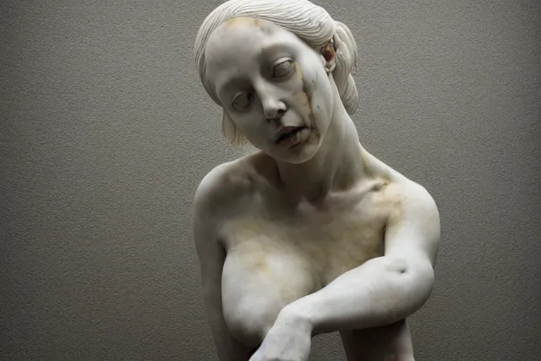 Image similar to a sculpture of a beautiful woman sitting on a chair, a white marble sculpture covered with floating wax by nicola samori, behance, neo - expressionism, marble sculpture, apocalypse art, made of mist