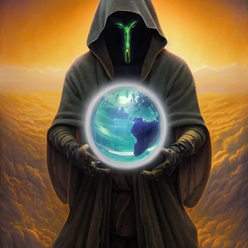 Image similar to masked nomad male wearing a cloak on an alien world and holding a holographic planet projection in his hand, detailed, sci - fi, digital painting, artstation, sharp focus, illustration, ominous, artgerm, tomasz alen kopera, peter mohrbacher, donato giancola, joseph christian leyendecker, wlop, frank frazetta