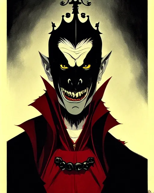 Prompt: handsome vampire king with crown and fangs, symmetrical face, evil, cinematic, dramatic, powerful, super detailed and intricate, by koson ohara, by darwyn cooke, by greg rutkowski, by satoshi kon