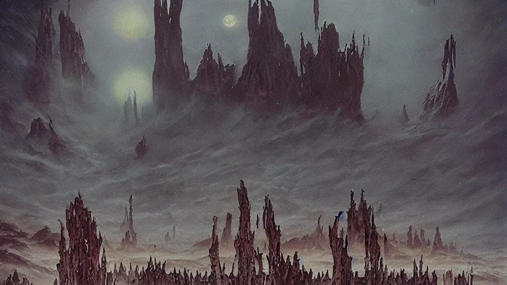 Image similar to eerie atmospheric alien planet empire by jack gaughan and bob eggleton and chris moore, epic cinematic matte painting