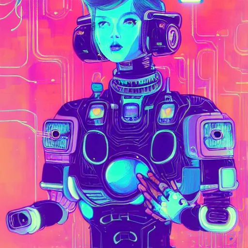 Image similar to portrait of a young mech girl with fluorescent cybernetic implants dripping in a world of neon dreams by james jean and kilian eng