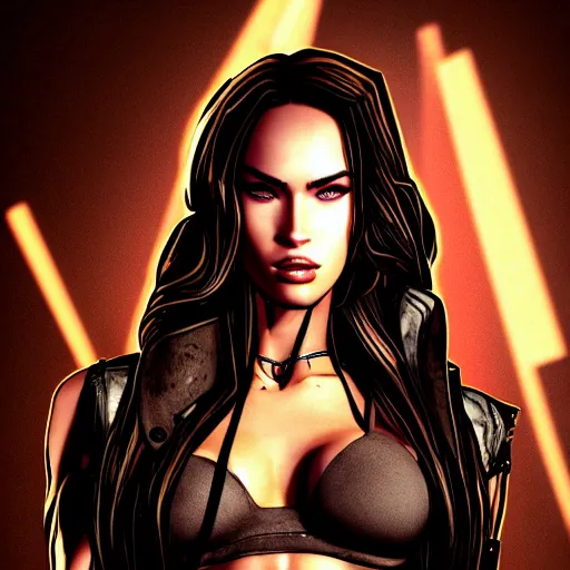 Image similar to megan fox portrait, borderlands, tales from the borderlands, the wolf among us, comic, cinematic lighting, studio quality, 8 k