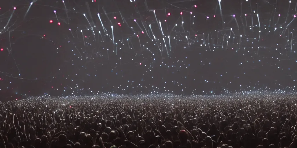 Image similar to Thom Yorke singer songwriter, Radiohead group of people on stage playing instruments, elaborate stage effects, dust, smoke, giant LED screens, colored projections, ultrafine detail, glowing thin wires, smoke, high contrast, projections, a screenshot by David Gilmour Blythe, holography, tesseract, volumetric lighting, anamorphic lens flare