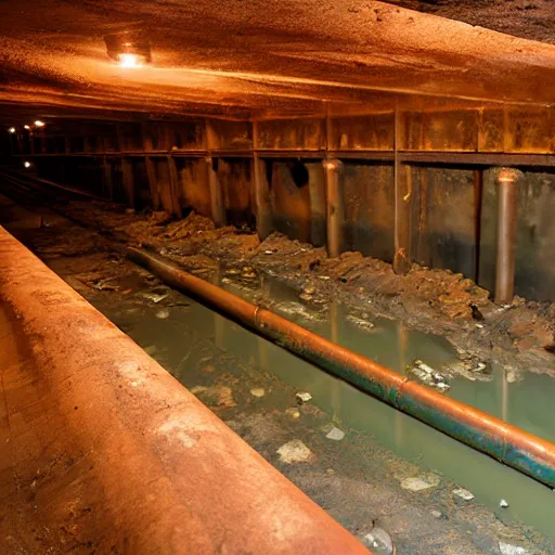 Prompt: underground copper mine, flooded, pipes