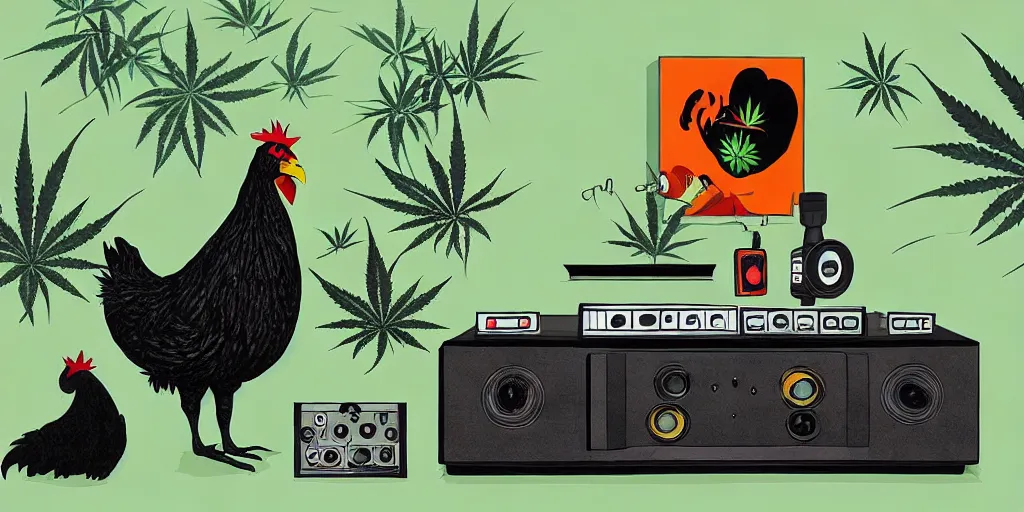 Image similar to 'black chicken'!!! smoking 'cannabis'!!!!!! in front of 'audio console'!!!! and 'multi monitors'!!!! 'in a hi-tech tv broadcasting studio'!!!!, artwork by James Gilleard