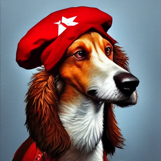 Image similar to Portrait painting of a antropormophic Red Borzoi Dog using a communist red beret as an Overwatch character, medium shot, asymmetrical, profile picture, Organic Painting, sunny day, Matte Painting, bold shapes, hard edges, street art, trending on artstation, by Huang Guangjian and Gil Elvgren and Sachin Teng