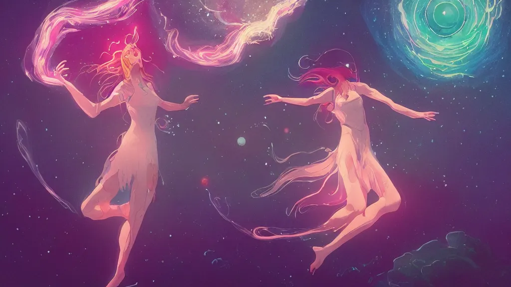 Image similar to a beautiful whimsical goddess floating above a lake basking in the moonlight, casting a spell, underneath a multi-colored binary blackhole with an accretion disc, glowing trails following her arms, acidwave, by Lois van Baarle, by Greg Rutkowski, by artgerm, by beeple, by studio ghibli, cinematic angle, volumetric lighting, 4k resolution, octane render, trending on artstation, masterpiece