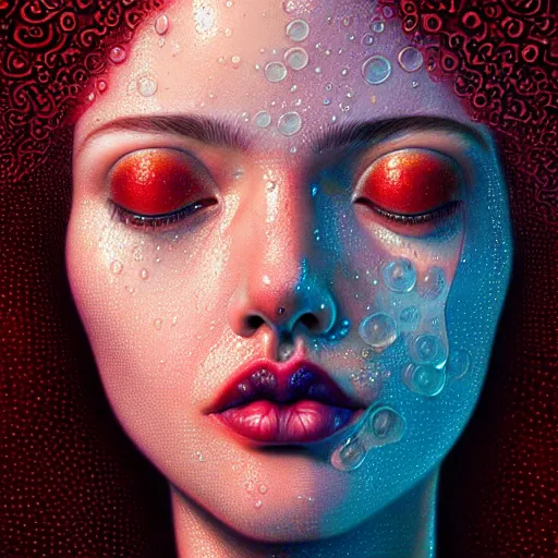 Image similar to wet beautiful face of a woman with red curly submerged in water and Casey Weldon and Chie Yoshii, particulate, water bubbles, rich colors, intricate, elegant, highly detailed, centered, digital painting, artstation, concept art, smooth, sharp focus, illustration, octane render