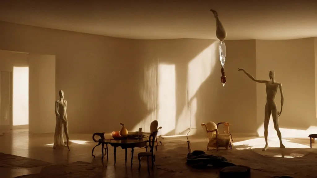 Image similar to a giant hand made of wax and water floats through the living room, film still from the movie directed by Denis Villeneuve with art direction by Salvador Dalí, wide lens