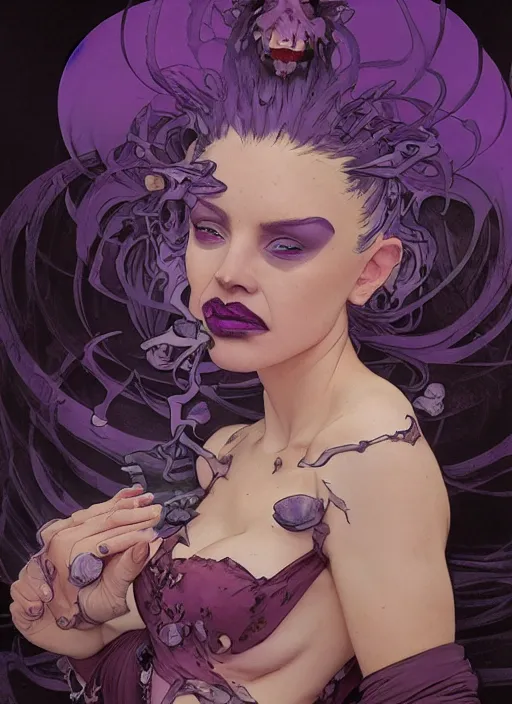 Image similar to mad madam mim, ugly! warts! purple smoke in motion, floating pieces, painted art by tsuyoshi nagano, greg rutkowski, artgerm, alphonse mucha, spike painting