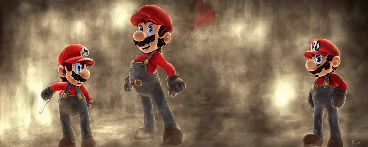 Image similar to concept art of mario from super mario bros lost in silent hill, resident evil, horror, occult, terror, mist, volumetric render, digital painting, detailed painting