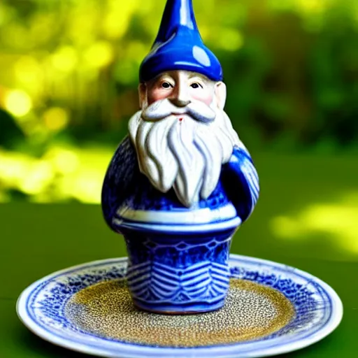 Image similar to a garden gnome made of blue and white fine china. intricate blue patterns. soft light. golden hour