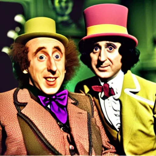 Prompt: photo portrait of gene wilder as willy wonka with an oompa loompa