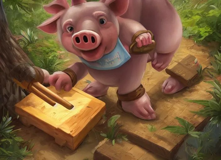 Prompt: !dream a cartoonish cute anthropomorphic pig is hammering a wood pallet in a house construction site, a mystical forest full of wonders, pine trees, magical atmosphere, trending on artstation, 30mm, by Noah Bradley trending on ArtStation, deviantart, high detail, stylized portrait H 704