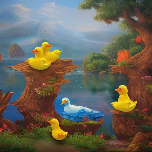 Image similar to a fantasy world of rubber ducks, landscape painting, highly detailed