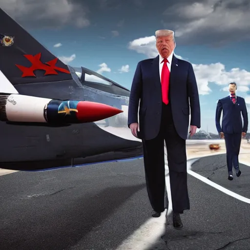 Image similar to Donald Trump with jet fighter pilots body, realistic artstyle, wide shot, dramatic lighting, octane render, hyperrealistic, high quality, highly detailed, HD, beautiful, cinematic, 8k, unreal engine, facial accuracy, symmetrical