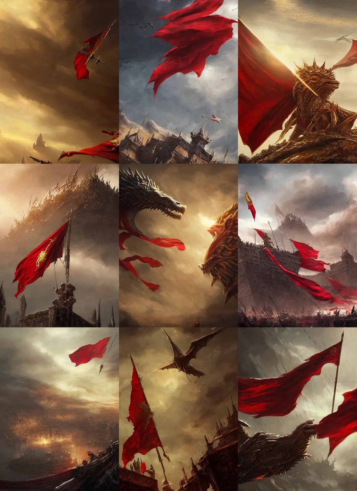 Prompt: red and gold flag floating in sky, game of thrones, intricate, highly detailed, digital painting, concept art, sharp focus, illustration, aleksi briclot, rutkowski