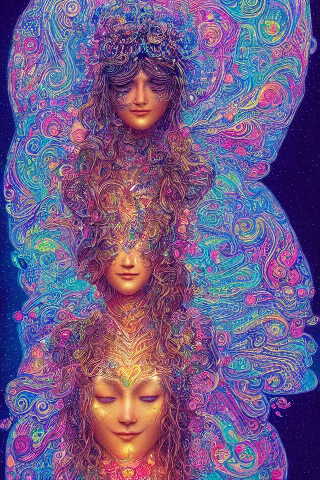 Prompt: a happy beautiful wise spirit goddess in the shape of a heart, meditation, 3 2 k resolution, good vibes, perfect lighting, billions of details, pointillism, fabric embroidery, stunning artwork, android jones, trending on artstation, award winner