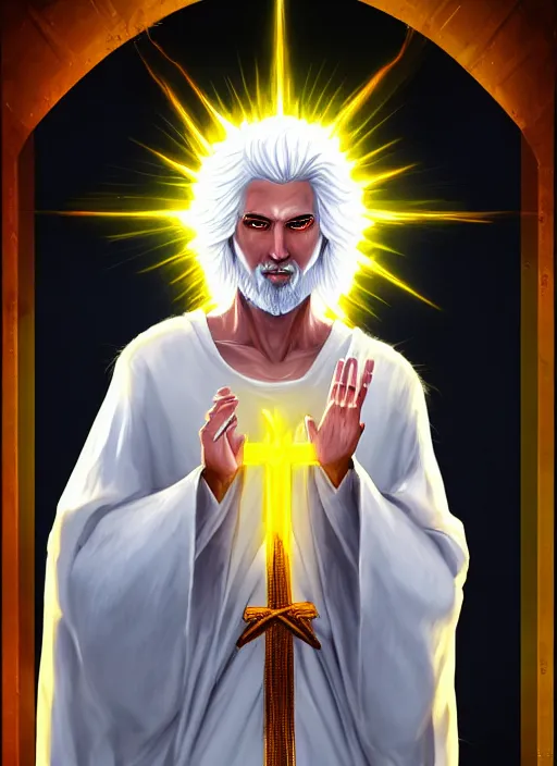 Image similar to « portrait of the white - haired jesus in a white robe and flaming yellow eyes, holding seven stars in right hand, high - contrast, intricate, elegant, highly detailed, digital painting, artstation, concept art, smooth, illustration »