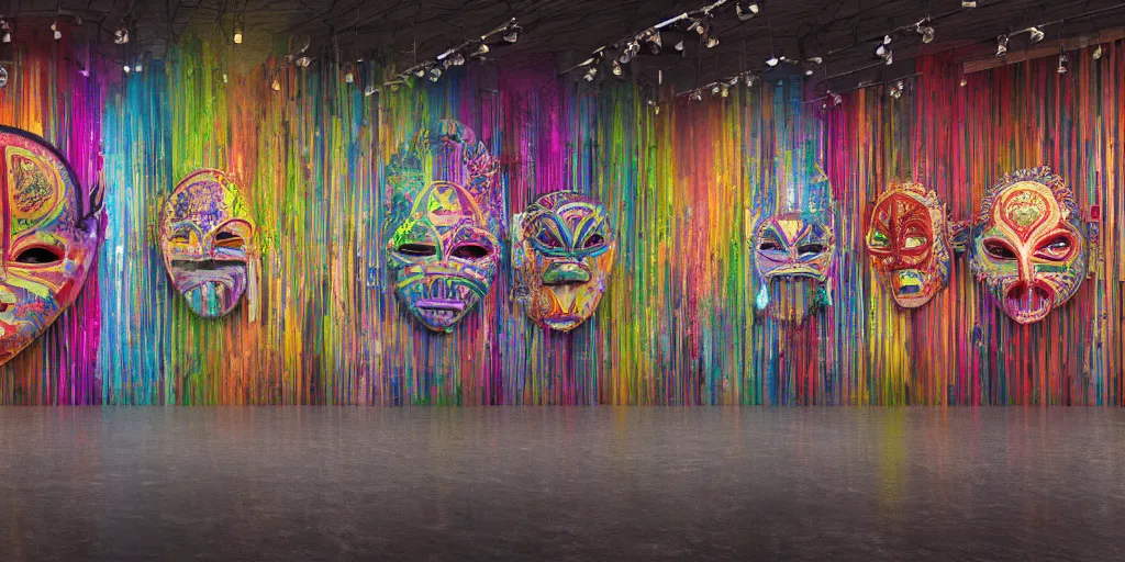 Image similar to A hyper realistic photography of an exhibition space with indigenous masks and dripping colors on the wall, photorealistic, 8k render