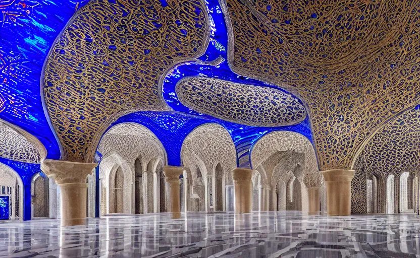 Prompt: interior of a massive hall with intricate muqarnas glowing blue obsidian and white marble, detailed, busy museum interior, incredible, remarkable, volumetric lighting, cinematic lighting, 8 k