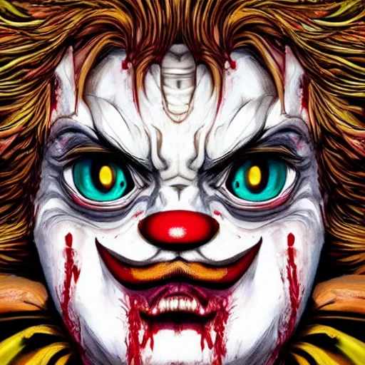 Image similar to 4K headshot of godlike clown with defined arms and open hands and bloody clothes with giant mandala wings , intricate clown face make-up , flawless anime cel animation by Kentaro Miura, psychedelic , highly detailed upper body , professionally post-processed , beautiful, scary, symmetry accurate features, epic, octane rendered, anime masterpiece, accurate