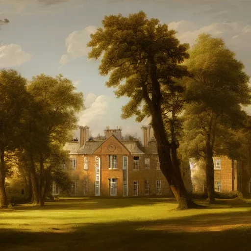 Image similar to a large serene beautiful matte painting of a quaint english country mansion, by asher brown durand and george ault, featured on artstation