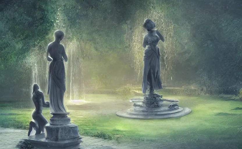 Image similar to The kneeling statue of a woman in a beautiful garden, next to a fountain and a mystical palace, and all this in a foggy and mysterious atmosphere.Fantasy and concept art, colorful digital painting.