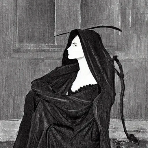 Image similar to grim reaper as a beautiful woman relaxing on the couch, thin black robe, elegant, posing, an ornate scyte is resting off to the side, vintage shading, award winning, by Ilya Repin and Dave McKean, deviant art