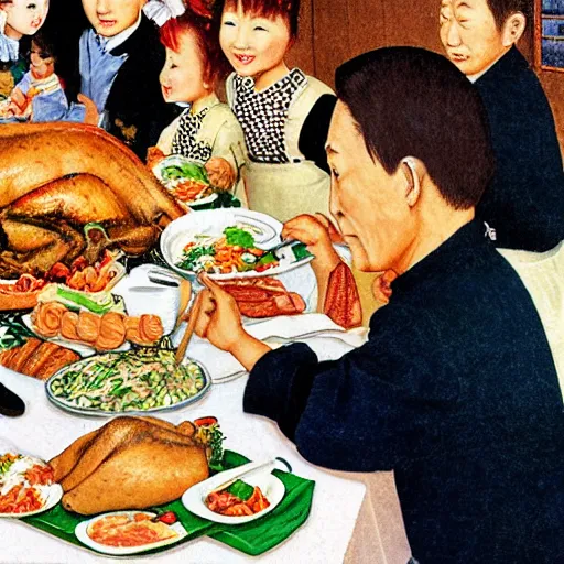 Image similar to normal rockwell's thanksgiving dinner illustration with japanese food. normal rockwell style. illustration. high quality.