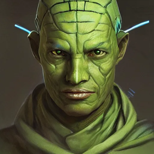 Image similar to portrait of a man by greg rutkowski, jedi knight, human twi'lek hybrid, green skin, wool cap, star wars expanded universe, he is about 3 0 years old, highly detailed portrait, digital painting, artstation, concept art, smooth, sharp foccus ilustration, artstation hq