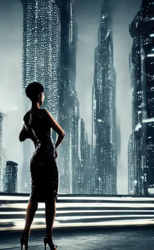 Prompt: Elegant Black woman in dress and heels with her back to us, looking at a futuristic Blade Runner city” 8K