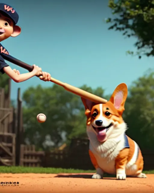 Image similar to weta disney pixar movie still photo of funny corgi with baseball bat : : dog by pixar : : by weta, greg rutkowski, wlop, ilya kuvshinov, rossdraws, artgerm, marvel, maxim cover, latex, octane render, sweaty, iridescent, bright morning, anime, liosh, mucha : :