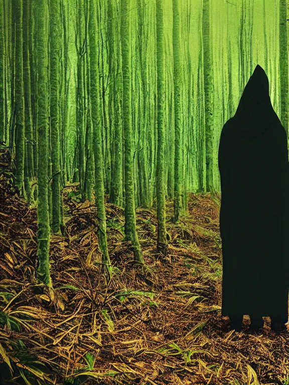 Image similar to hooded figure in cannabis forest, film photo, grainy, high detail, high resolution,