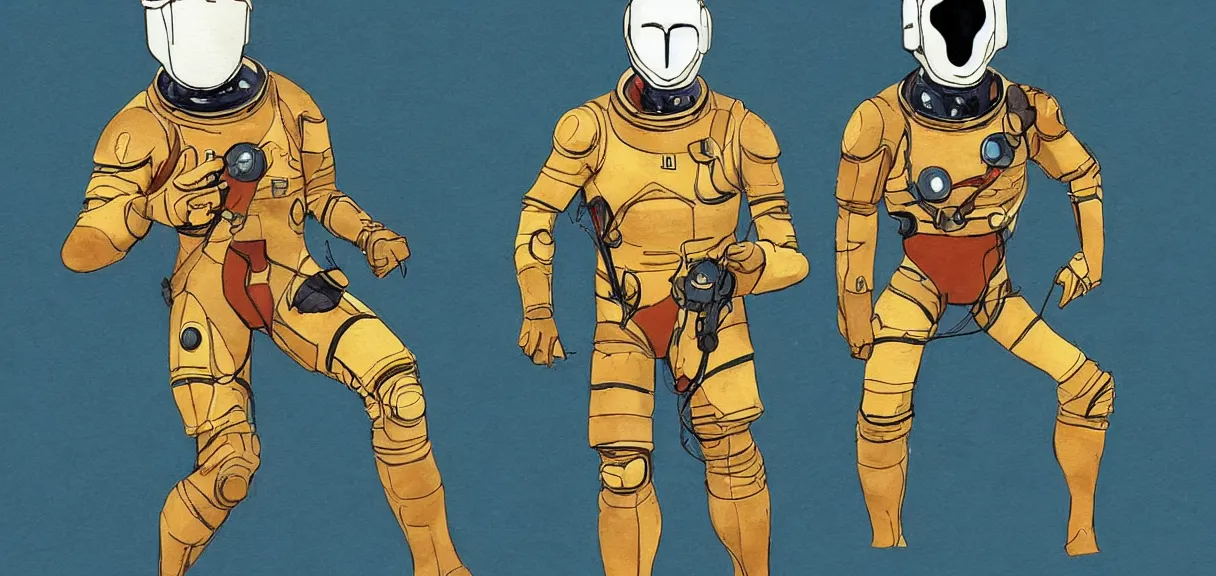 Image similar to male, full body!!!!!!, space suit with a modern helmet, large shoulders, short torso, long thin legs, tiny feet, character sheet, science fiction, very stylized character design, watercolor digital painting, by mike mignola, by alex maleev, jean giraud, painted by leyendecker