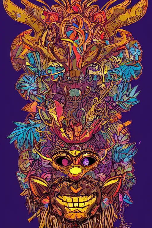 Image similar to animal mask totem roots flower tribal feather gemstone plant wood rock shaman vodoo video game vector cutout illustration vivid multicolor borderlands comics by josan gonzales and dan mumford radiating a glowing aura