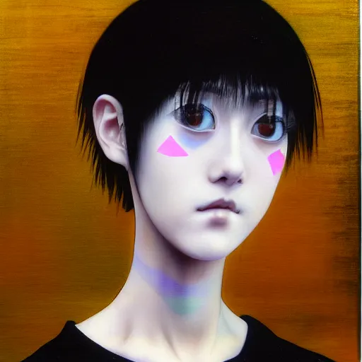 Image similar to yoshitaka amano blurred and dreamy realistic three quarter angle portrait of a young woman with short hair and black eyes wearing office suit with tie, junji ito abstract patterns in the background, satoshi kon anime, noisy film grain effect, highly detailed, renaissance oil painting, weird portrait angle, blurred lost edges