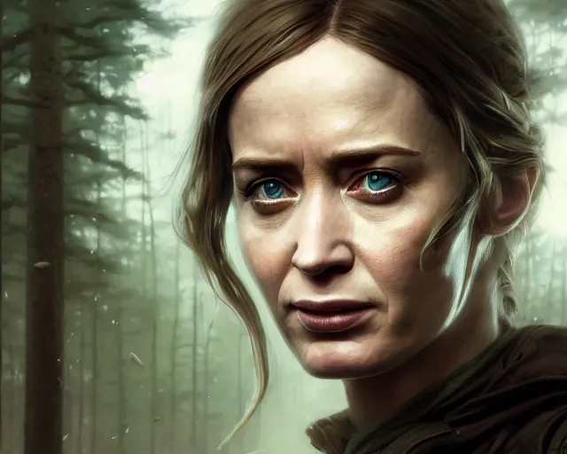 Image similar to highly detailed portrait of emily blunt, in the walking dead, stephen bliss, unreal engine, fantasy art by greg rutkowski, loish, rhads, ferdinand knab, makoto shinkai and lois van baarle, ilya kuvshinov, rossdraws, tom bagshaw, global illumination, radiant light, detailed and intricate environment