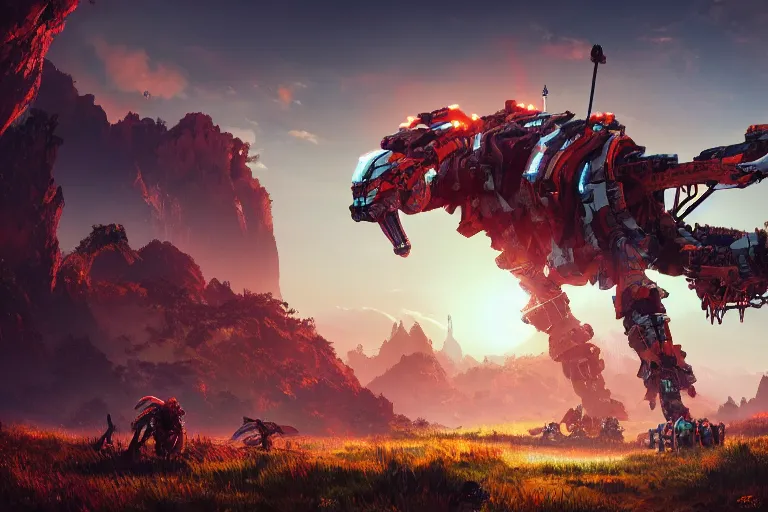 Image similar to ravager machine mecanical creature robot of horizon forbidden west horizon zero dawn radiating a glowing aura global illumination ray tracing hdr fanart arstation by ian pesty and alena aenami artworks in 4 k