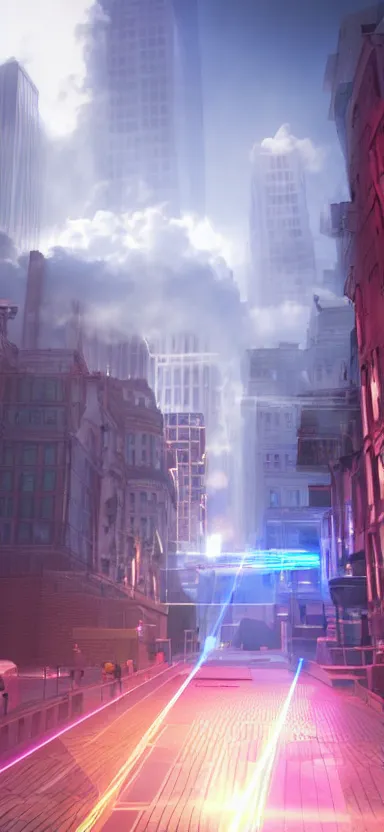 Image similar to unreal engine 5 render of a happy city during the day with lasers coming out of the clouds, digital art ”