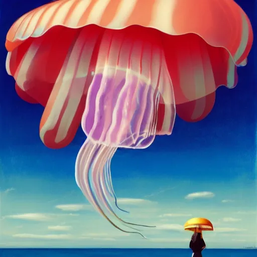 Image similar to Giant jellybean jellyfish fly through the air, as a tornado approaches, by Takashi Murakami, Edward Hopper, Bo Bartlett, and Cynthia Sheppard, Artstation