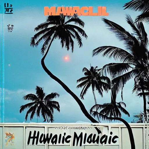 Image similar to miracle musical Hawaii part ii album cover, showing an ocean in the background, spiral transparent stairs on the left with tall palm trees behind it, a slight rainbow in the background, white outline border, moon in the right top area black and white except for the rainbow album cover