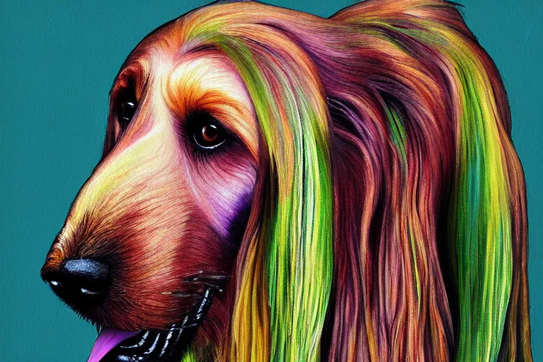 Prompt: a painting of a afghan hound portrait, in the style of artur bordalo, digital art, muted colors