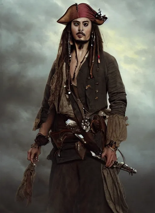 Prompt: a beautiful painting portrait of Robert Sheehan as Captain Jack Sparrow, matte painting, fantasy art, dark but detailed digital art, highly detailed, a masterpiece trending on artstation