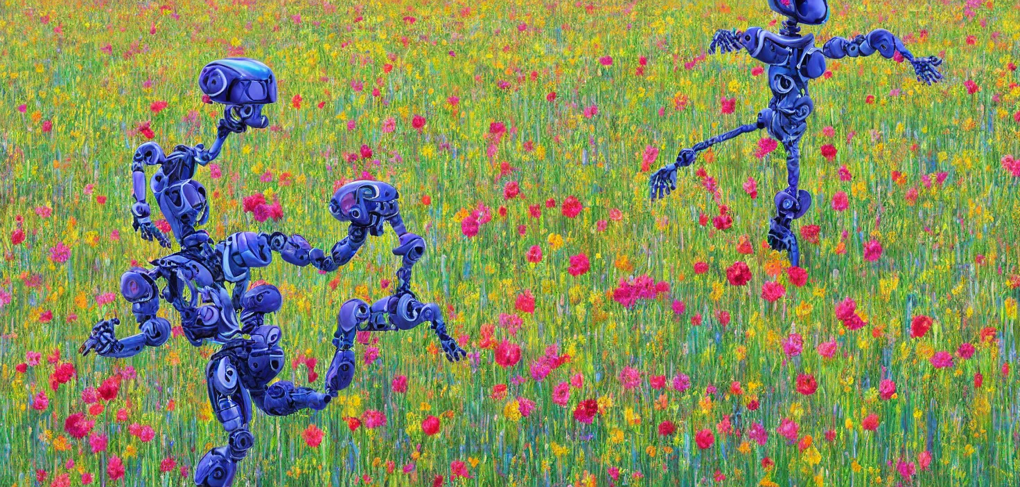Image similar to detailed digital painting of a robot picking a flower in a beautiful open field, VISTA photography by Carr Clifton Galen Rowell