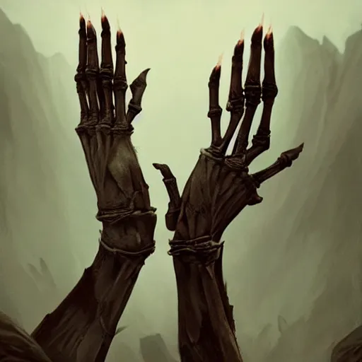 Image similar to Holding hands, vertical symmetry, close up shot, detailed hands, detailed skeleton hands, beautiful moody artwork by Greg Rutkowski and Asher Duran