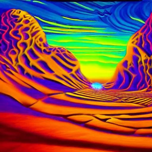 Prompt: a strange surreal psychedelic desert scene, black light art