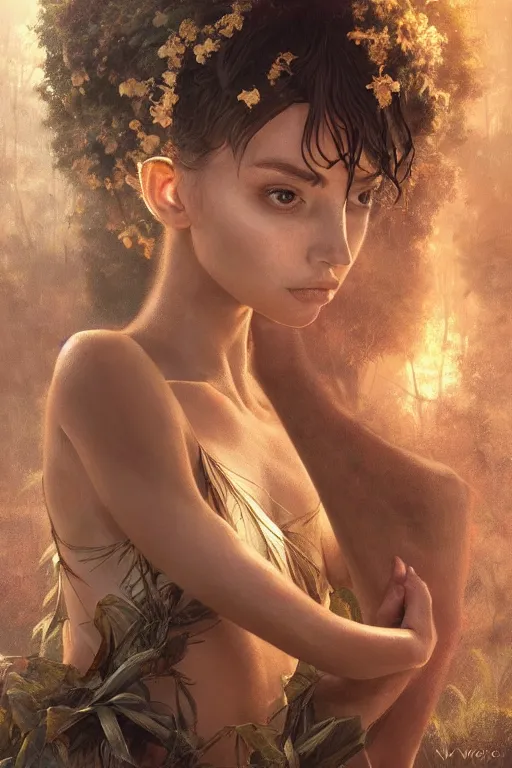 Image similar to stunningly beautiful, giesha prima ballerina in jungle, symmetrical face, golden hour, smooth, focus, highly detailed, hyper realistic, dramatic lighting, elegant, intricate, concept art, art by wlop, mars ravelo, greg rutowski, artstation